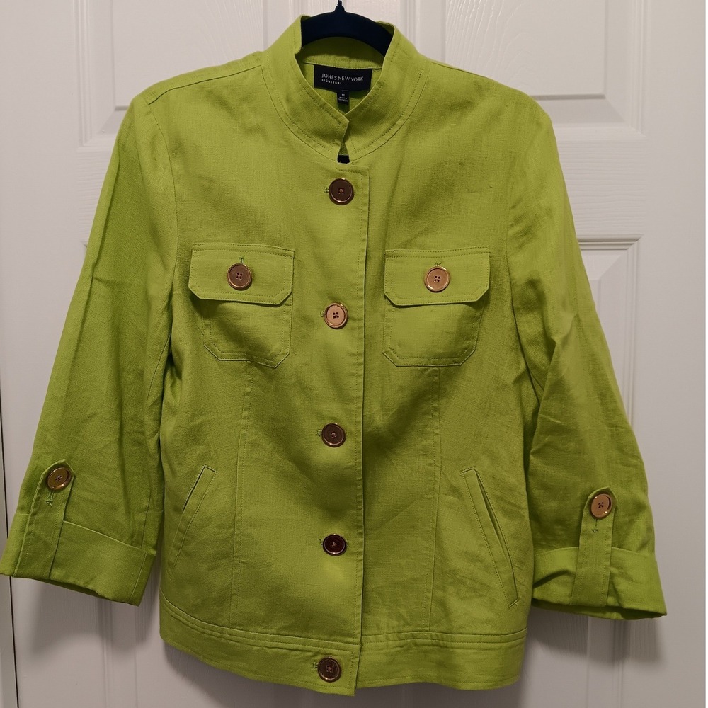 Jones New York Signature Lime Green Linen Button Front Safari Jacket Womens M